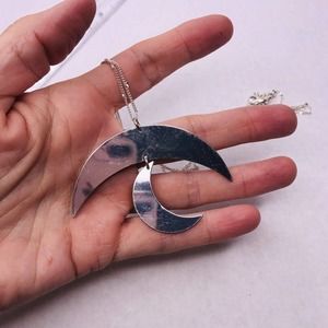 Signed Jade & Jasper Necklace Silver Tone Crescent Moon Dangle Pendant 32" Long